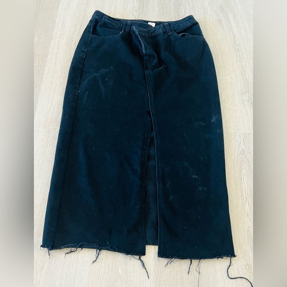 Black Denim Maxi Skirt with Frayed Hem